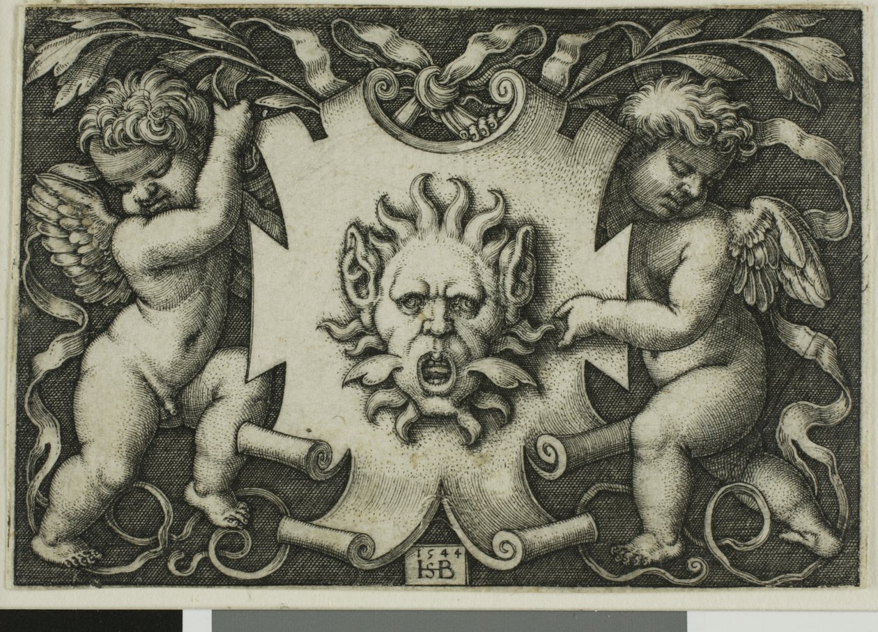 Ornamento con una máscara sostenida por dos genios de Hans Sebald Beham