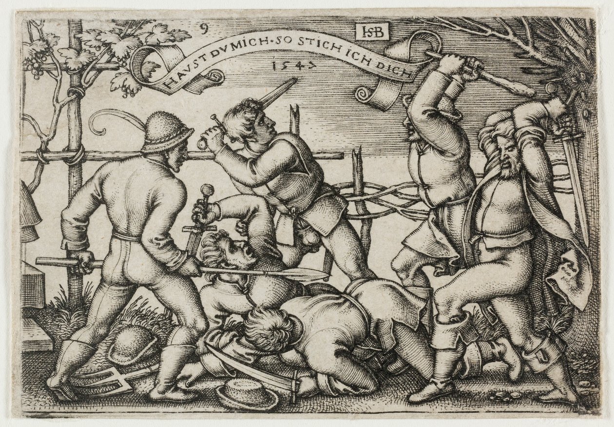 Riña de campesinos, lámina 9 de La fiesta de los campesinos o los doce meses de Hans Sebald Beham
