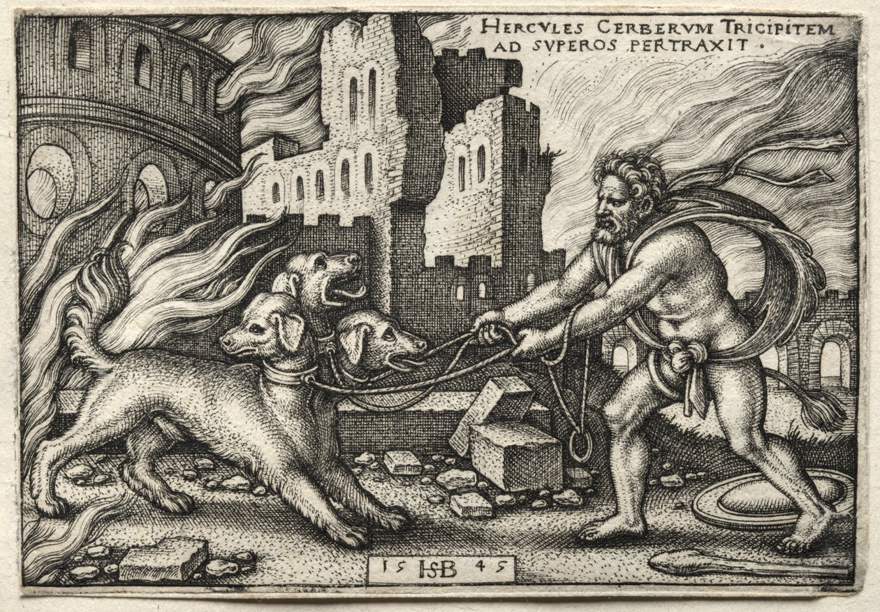 Los trabajos de Hércules: Hércules arrastrando a Cerbero desde el inframundo de Hans Sebald Beham