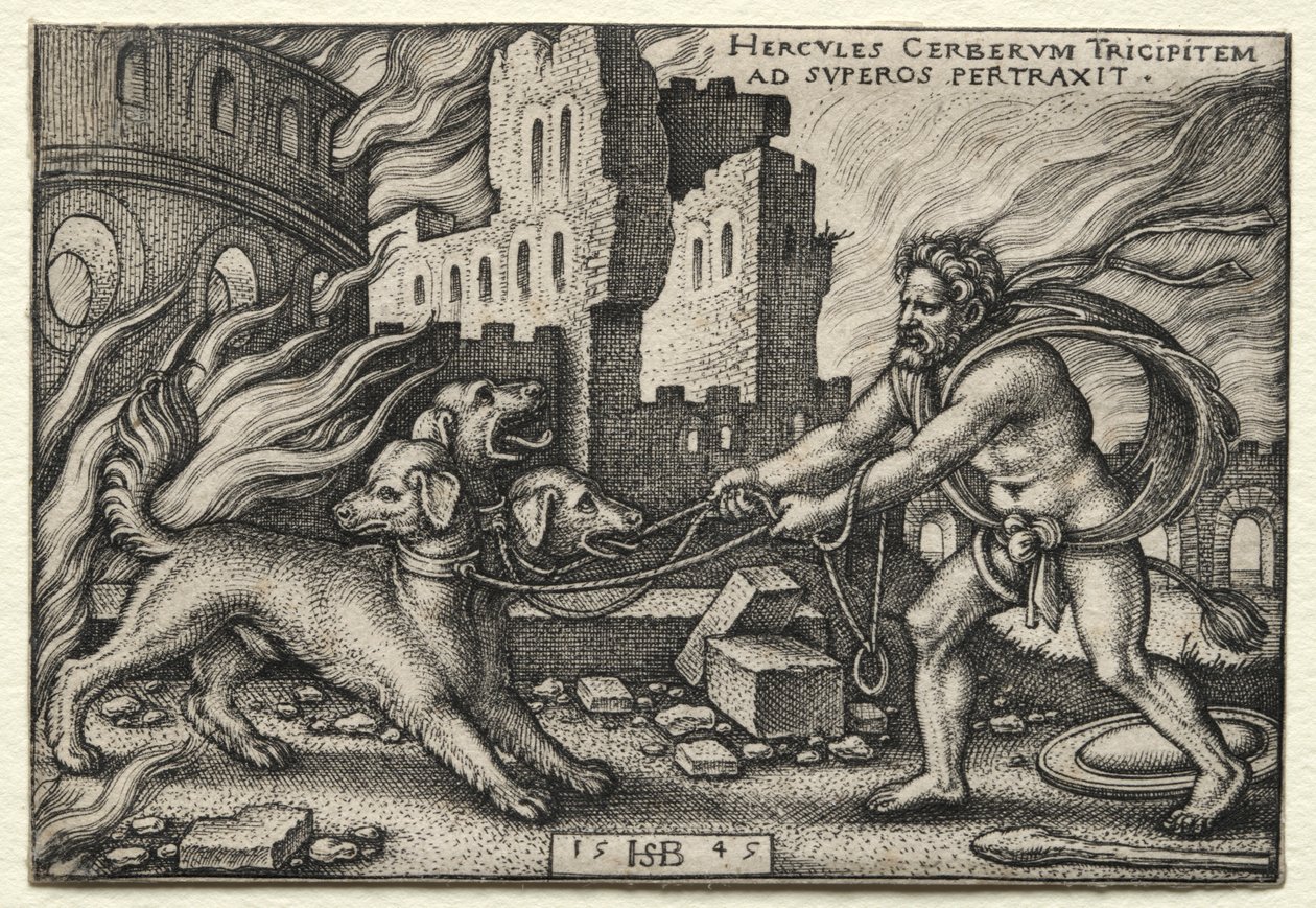Los Trabajos de Hércules: Hércules Arrastrando a Cerbero del Inframundo, 1545 de Hans Sebald Beham