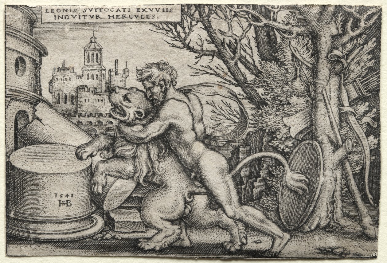 Los trabajos de Hércules: Hércules estrangulando al león de Nemea de Hans Sebald Beham