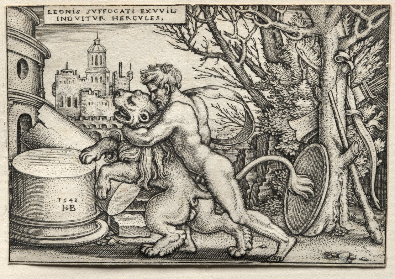 Los Trabajos de Hércules: Hércules Estrangulando al León de Nemea, 1548 de Hans Sebald Beham
