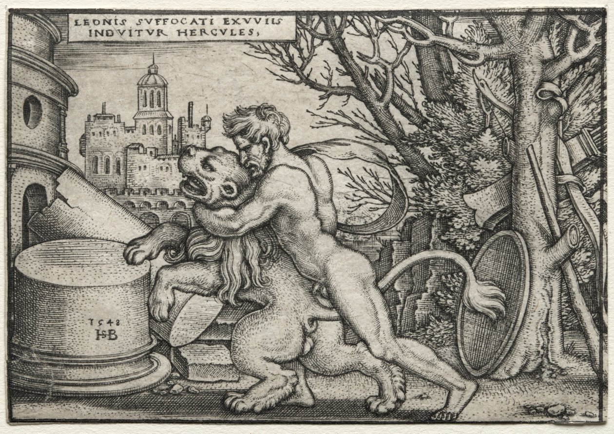 Los trabajos de Hércules: Hércules estrangulando al león de Nemea, 1548 de Hans Sebald Beham
