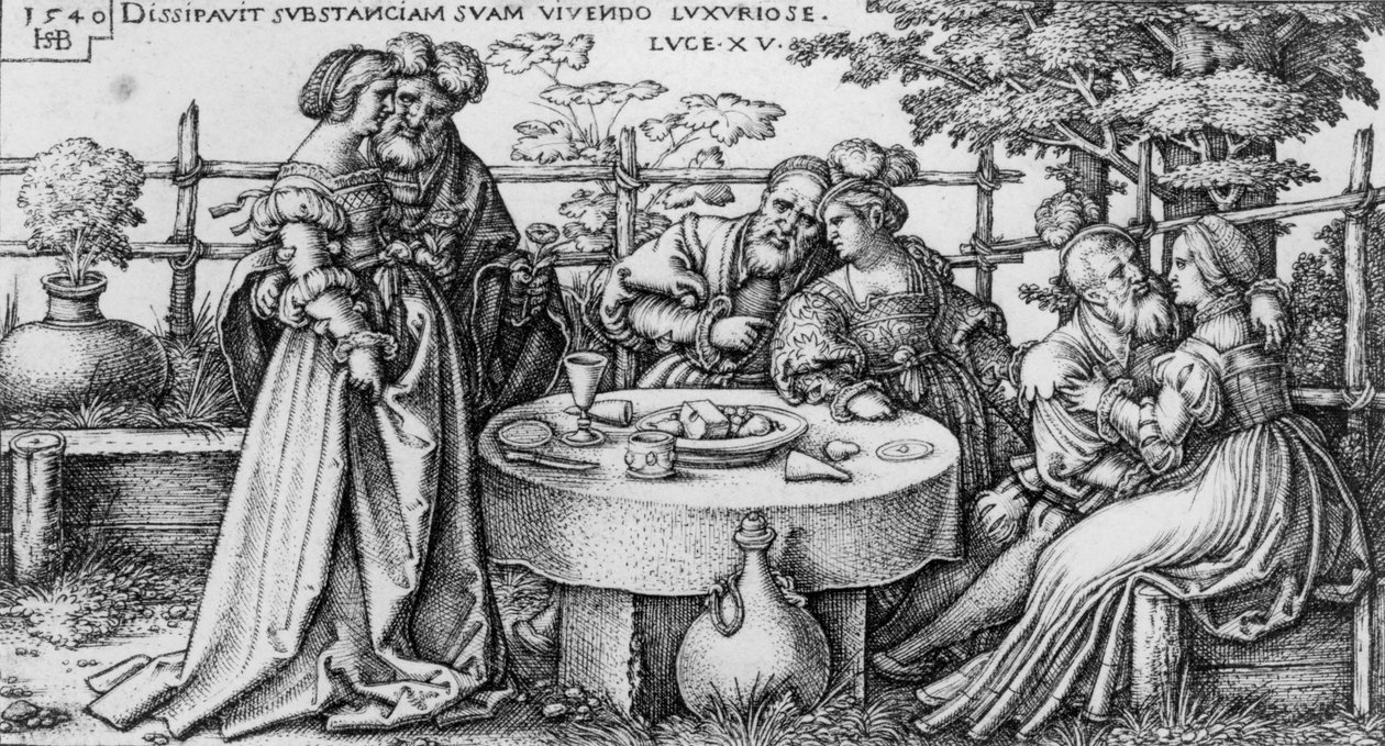 El hijo pródigo malgastando su fortuna, de la serie "La historia del hijo pródigo" de Hans Sebald Beham
