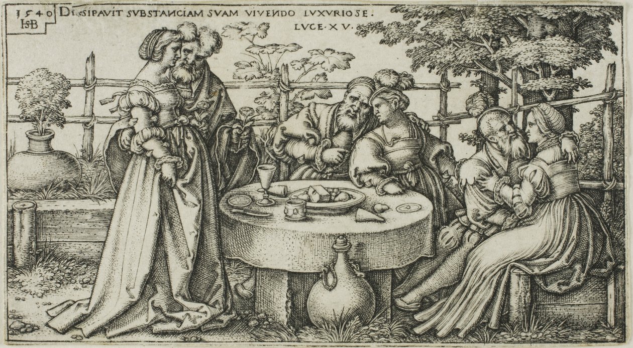 El hijo pródigo desperdiciando su fortuna, placa dos de La historia del hijo pródigo de Hans Sebald Beham