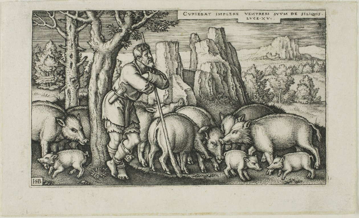 El hijo pródigo con los cerdos, lámina tres de La historia del hijo pródigo de Hans Sebald Beham