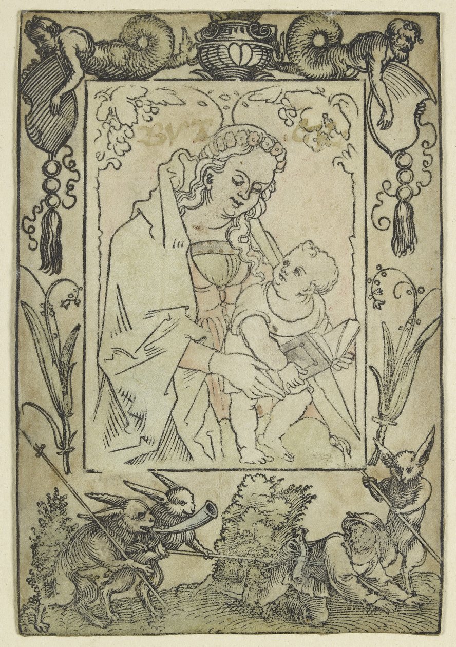 La Virgen y el Niño rodeados por un Borde con un Cazador y algunos Conejos de Hans Sebald Beham