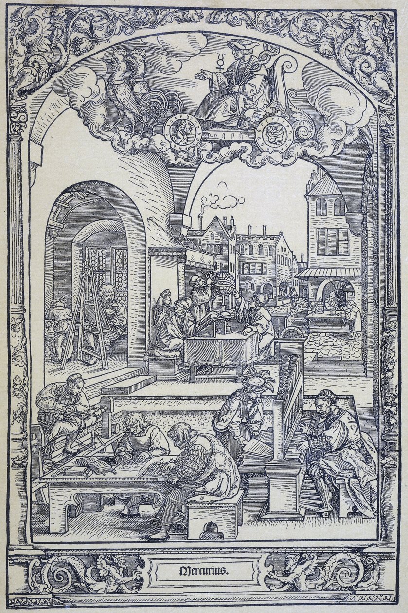 El planeta Mercurio y artistas, eruditos y técnicos, c1535 (grabado) de Hans Sebald Beham