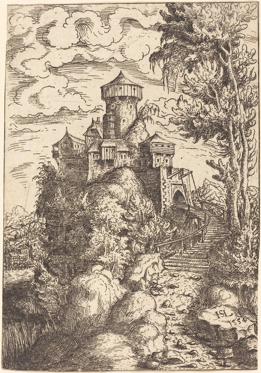 Paisaje con una fortaleza y gran escalera de Hans Sebald Lautensack