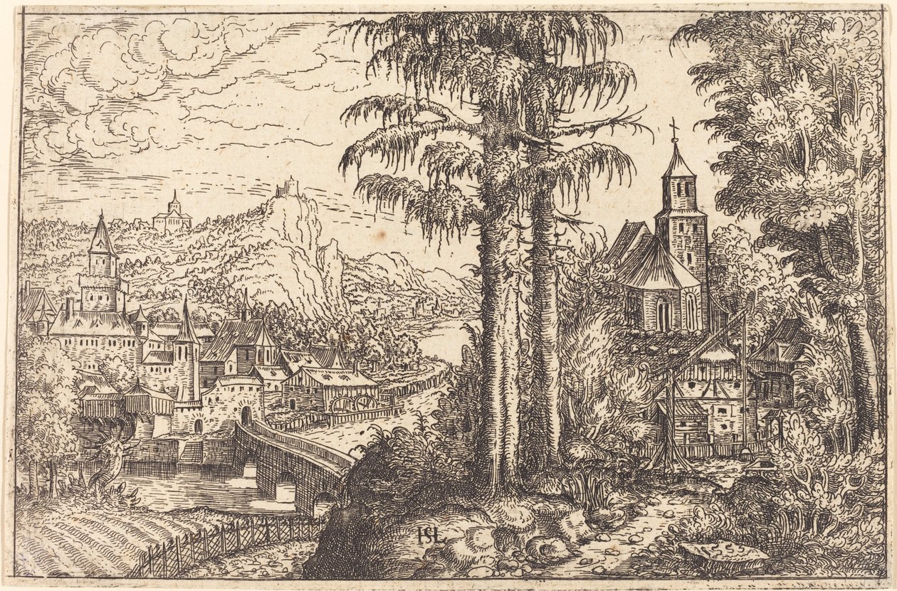 Vista de una ciudad cerca de un río con una iglesia a la derecha, 1553 de Hans Sebald Lautensack