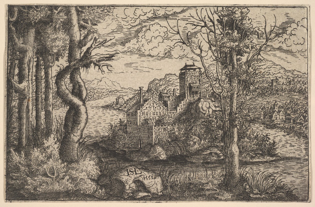Vista en un río, con un castillo en una isla, 1553 de Hans Sebald Lautensack