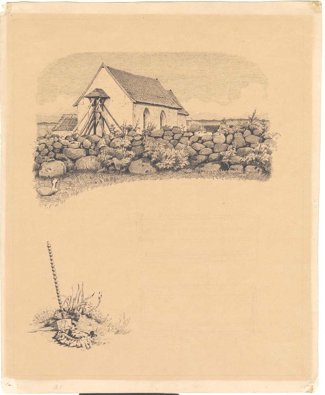 Ilustración para St. St. Blicher: "Mowns". F.o.: iglesia detrás de un muro de piedra; f.n.: tumba (?) con pala de Hans Smidth