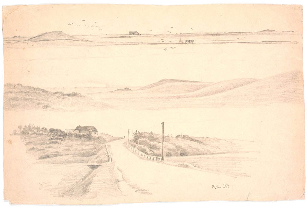 Hoja de estudio con tres paisajes de Jutlandia. Arriba: paisaje con campo arado; medio: paisaje con altas colinas; abajo: paisaje con casa y camino de Hans Smidth