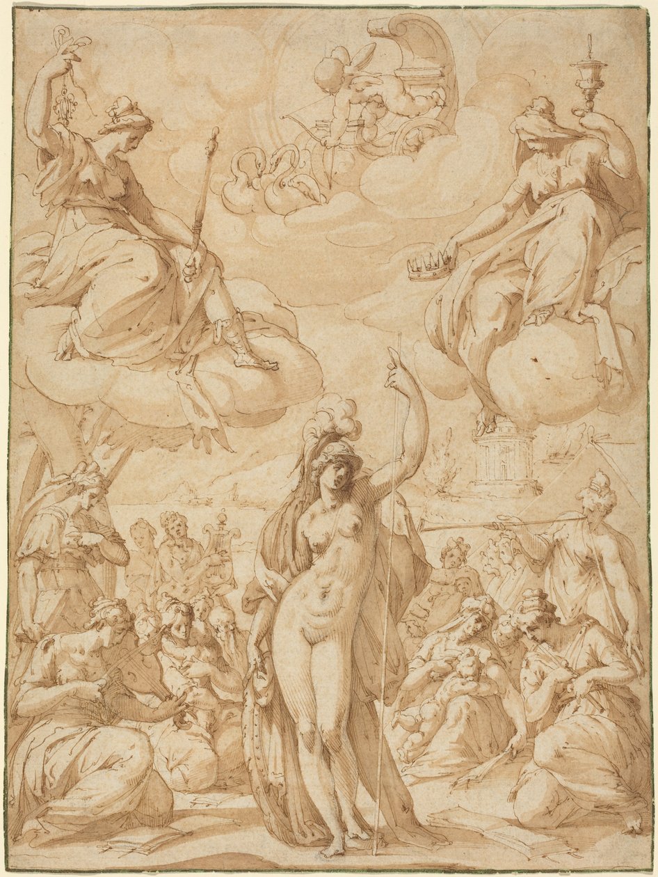 Alegoría de Minerva como cabeza de las Musas, en o antes de 1575 (pluma y tinta) de Hans Speckaert
