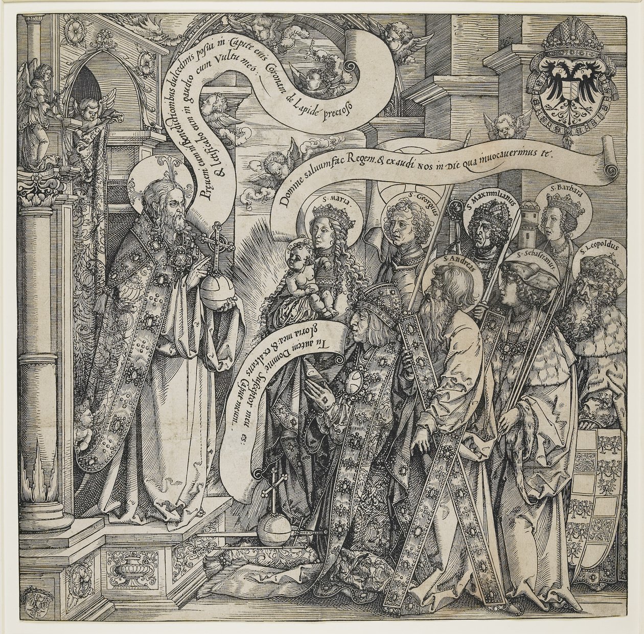 Maximiliano presentado por sus santos patronos al Todopoderoso, 1519 de Hans Springinklee