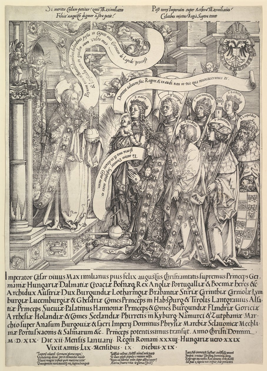 Maximiliano Presentado por sus Santos Patronos al Todopoderoso, 1519. de Hans Springinklee