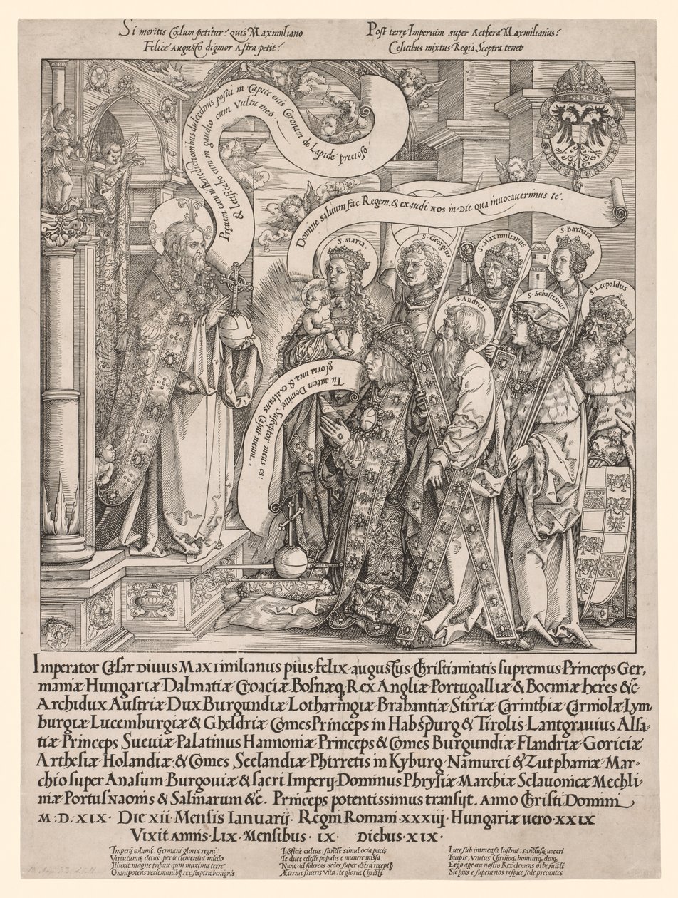 El emperador Maximiliano presentado por sus santos patronos al Todopoderoso, 1519 de Hans Springinklee