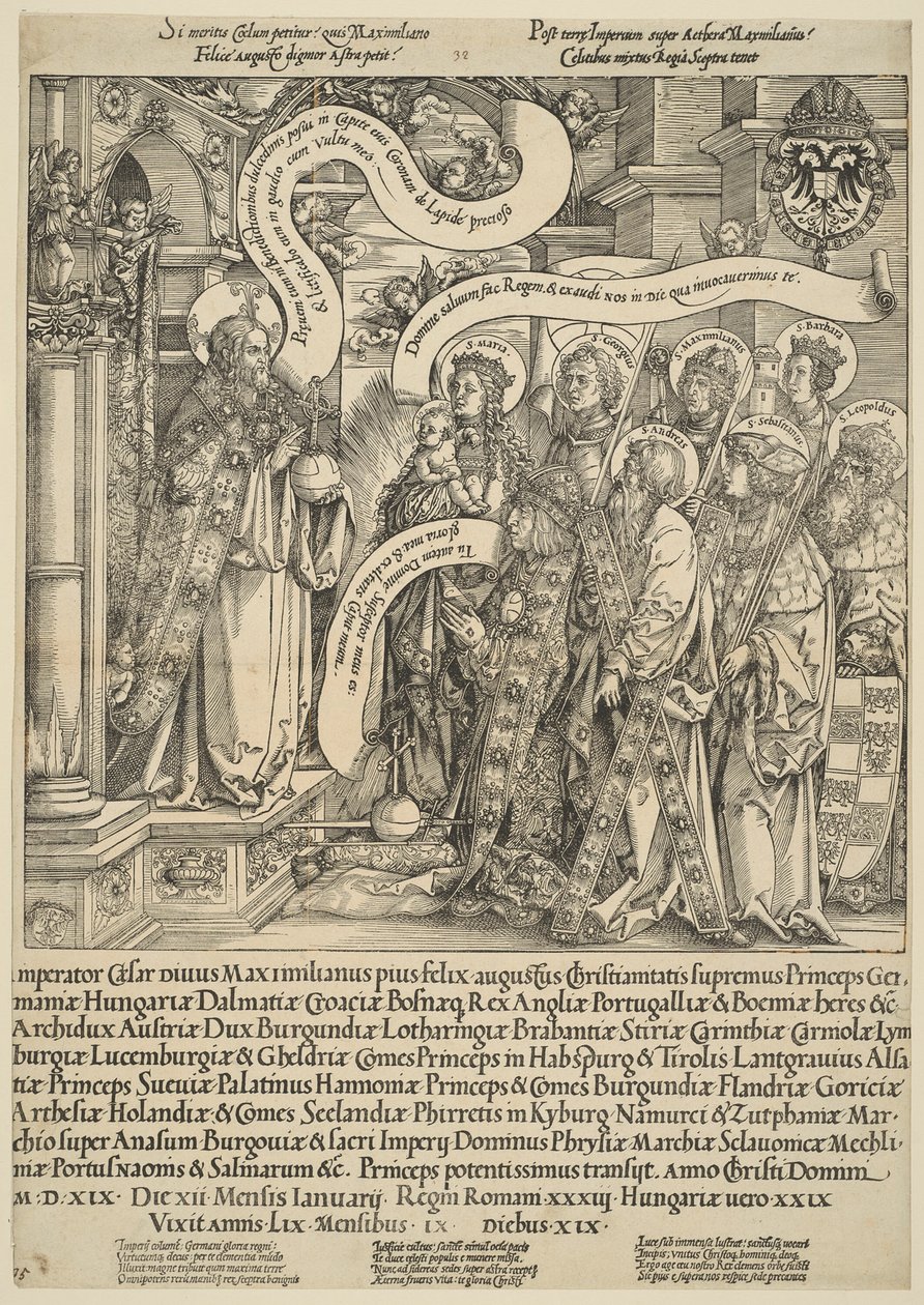El Emperador Maximiliano Presentado a Cristo por Sus Santos Patronos de Hans Springinklee