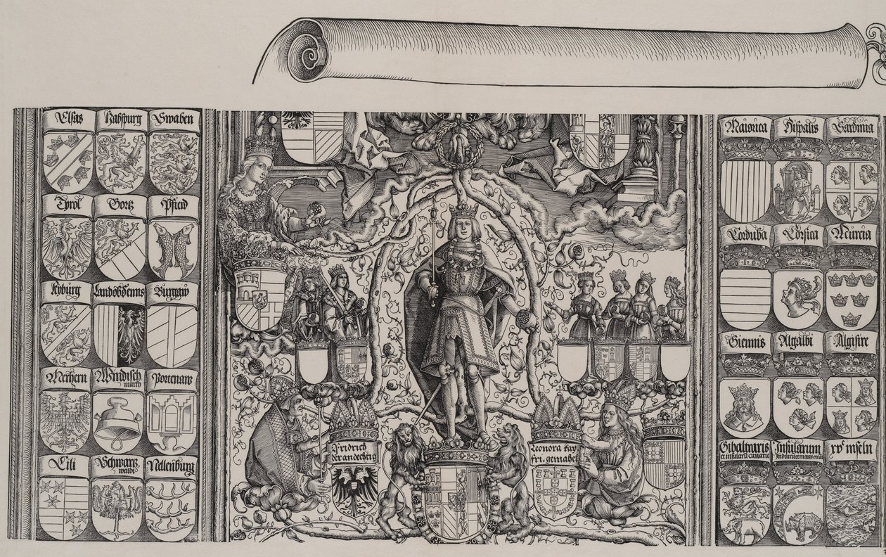 La parte superior de la genealogía de Maximiliano, con el borde derecho del pergamino, 1515 de Hans Springinklee