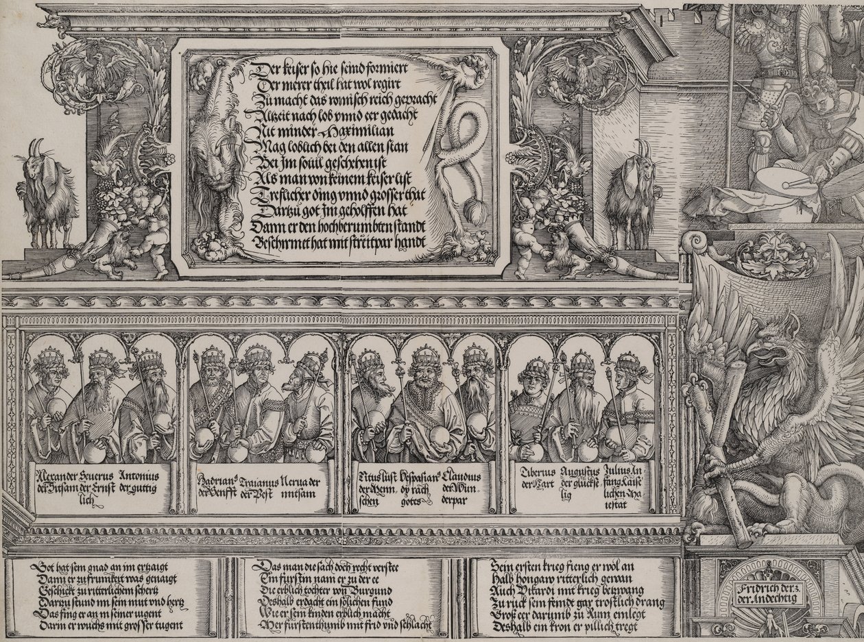 La sección superior del portal izquierdo, con la inscripción en una piel de león, un friso con B..., 1515 de Hans Springinklee