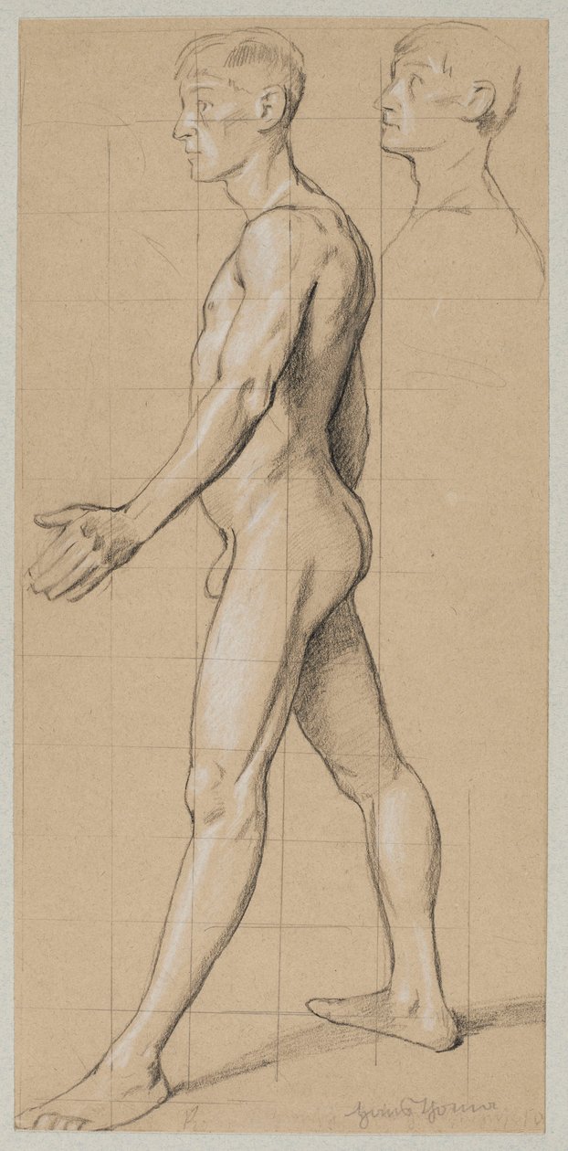 Figura de un hombre caminando de perfil; en la esquina superior derecha, una repetición de su cabeza de Hans Thoma