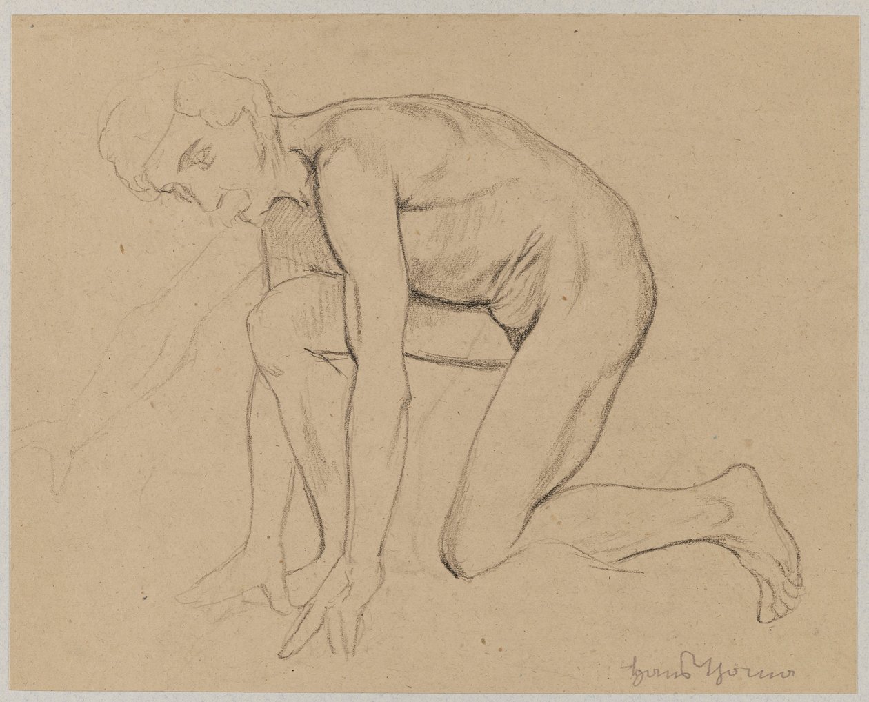 Figura de un hombre con bigote, en posición de rodillas, representada de perfil de Hans Thoma