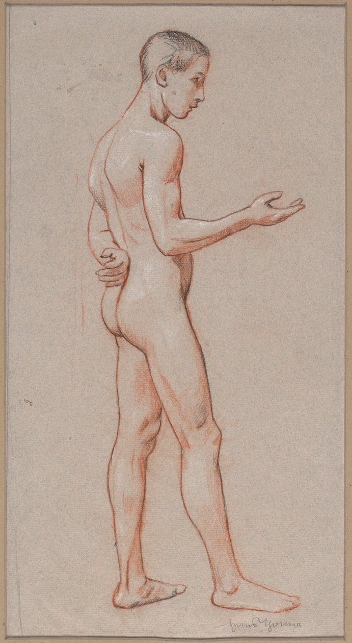Desnudo de un joven con el brazo extendido, representado de pie de perfil de Hans Thoma
