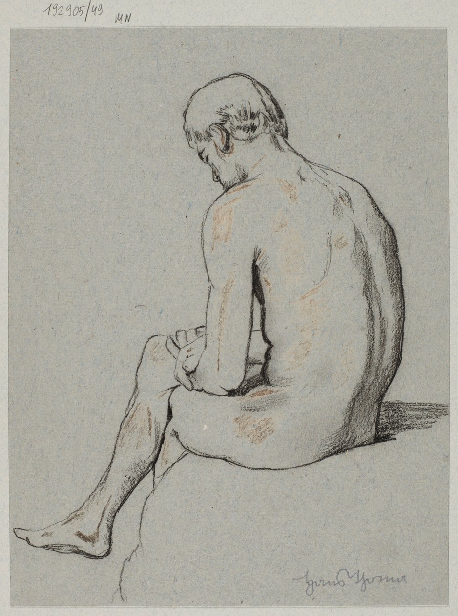 Nudo de un hombre sentado con una pierna cruzada sobre la otra de Hans Thoma