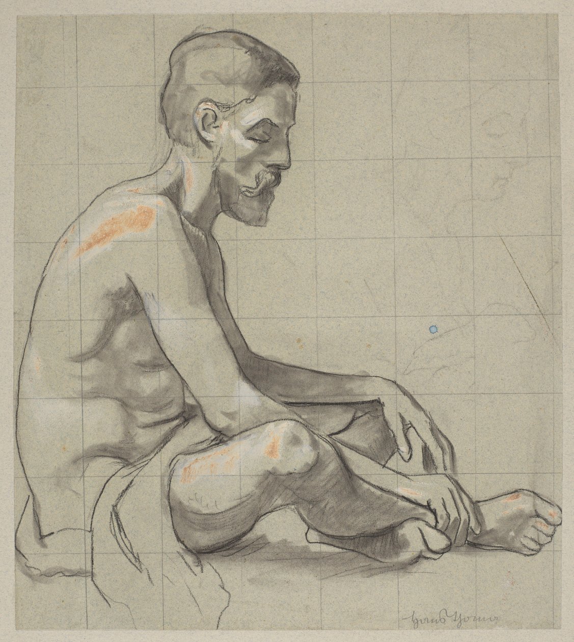 Desnudo de un hombre sentado, silueta de una mujer de Hans Thoma