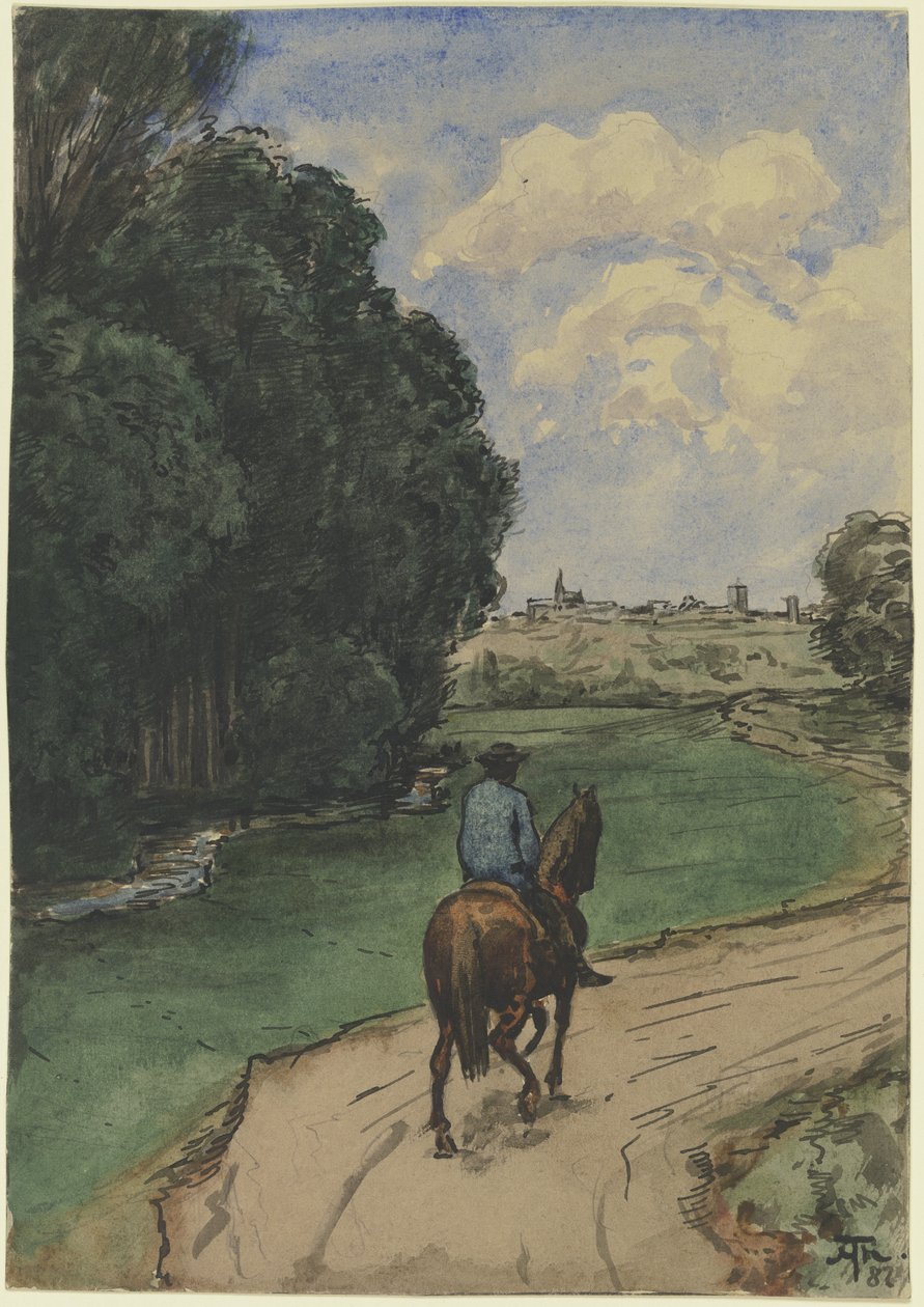 En el límite del bosque. Un jinete en un camino, mirando hacia el espectador. de Hans Thoma