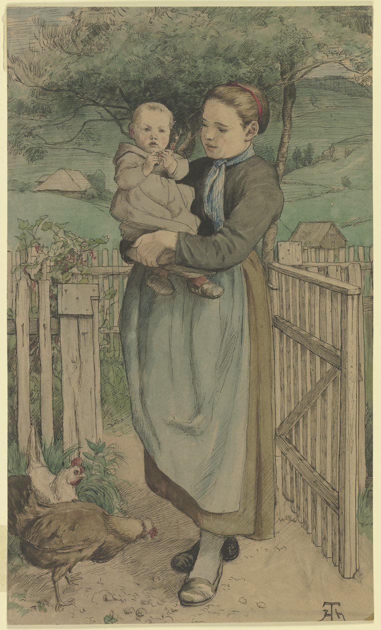 Muchacha campesina con un niño en brazos, de pie junto a una valla de madera de Hans Thoma