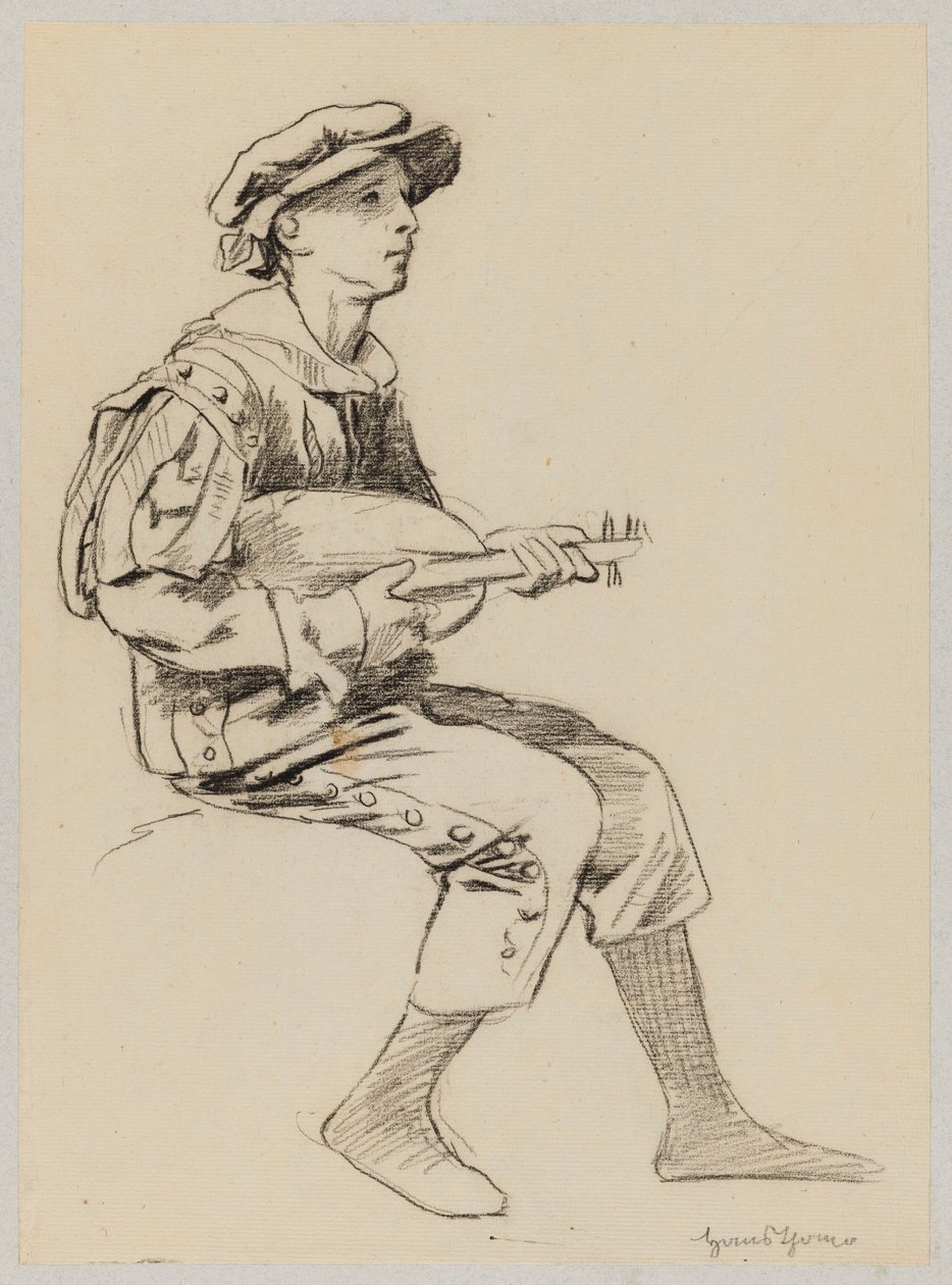 Niño con traje renacentista tocando el laúd de Hans Thoma