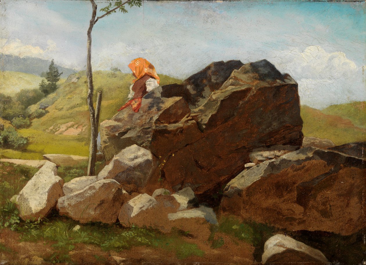 Bloques de roca con una muchacha del campo sentada de Hans Thoma