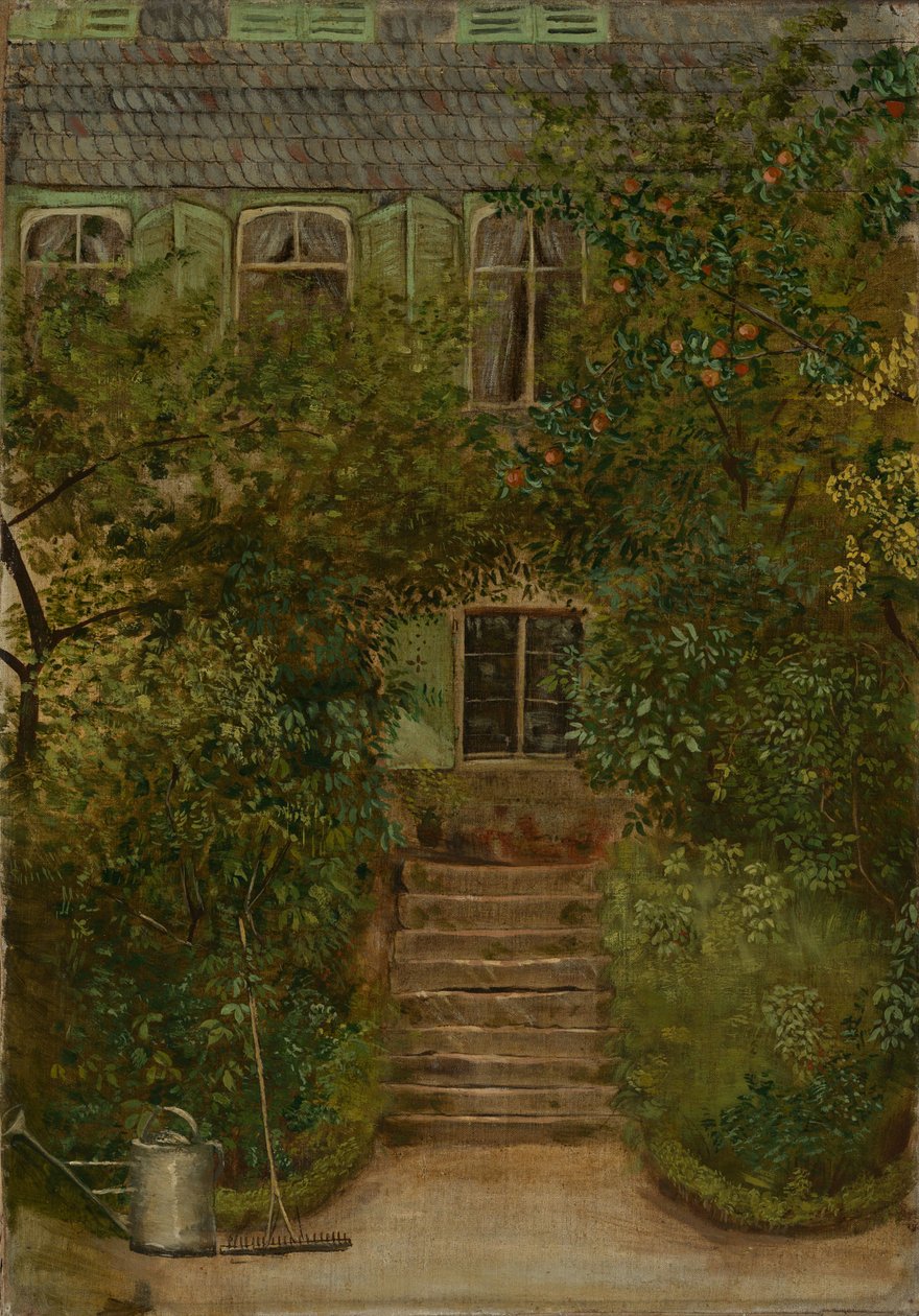 Jardín de una casa de campo con regadera y rastrillo de Hans Thoma