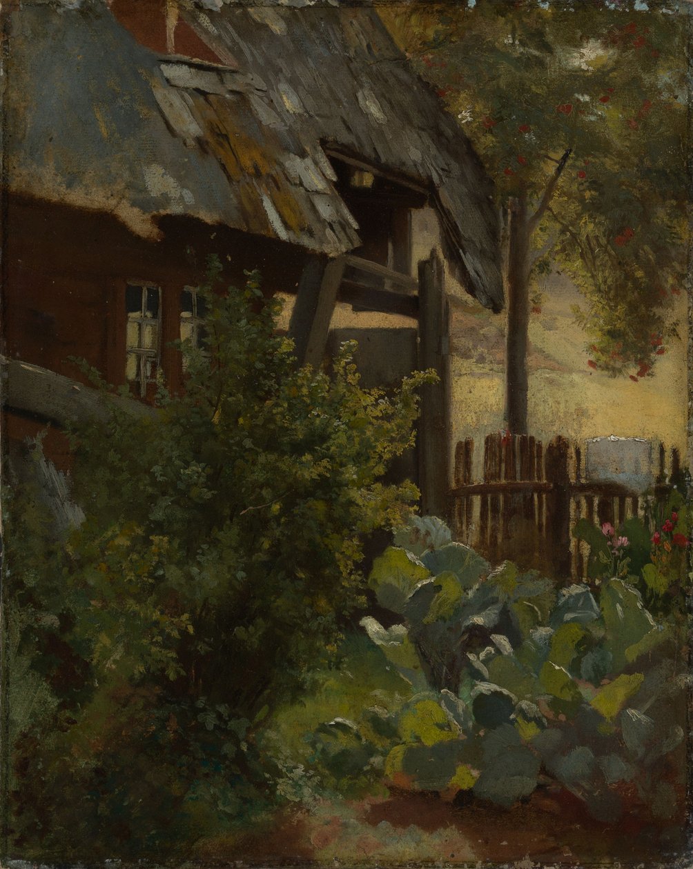 Huerto de coles con esquina de una casa de Hans Thoma