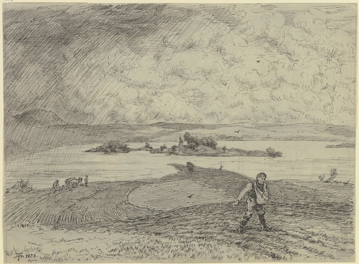 Paisaje con un sembrador; al fondo, un lago con una isla de Hans Thoma