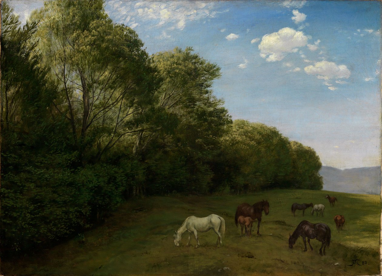 Paisaje con caballos pastando de Hans Thoma