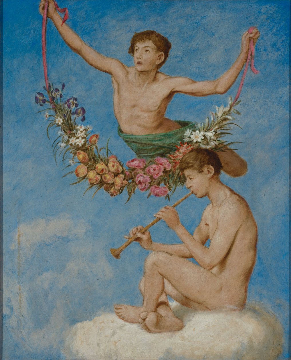 Mayo (dos jóvenes genios con flores) de Hans Thoma
