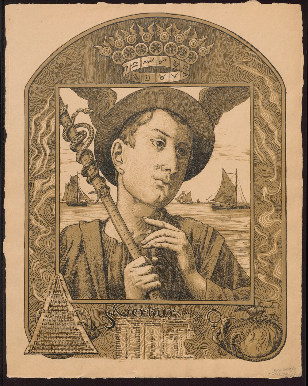 «Merkur Jahrers Regent». Mercurio como señor del año. Bocetos para el «Calendario perpetuo en imágenes», parte II, 1901 (Immerwährender Bilderkalender) de Hans Thoma