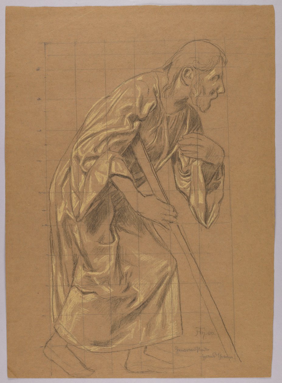 Hombre con larga túnica, apoyado en un bastón, verso: esbozo de la misma figura de Hans Thoma