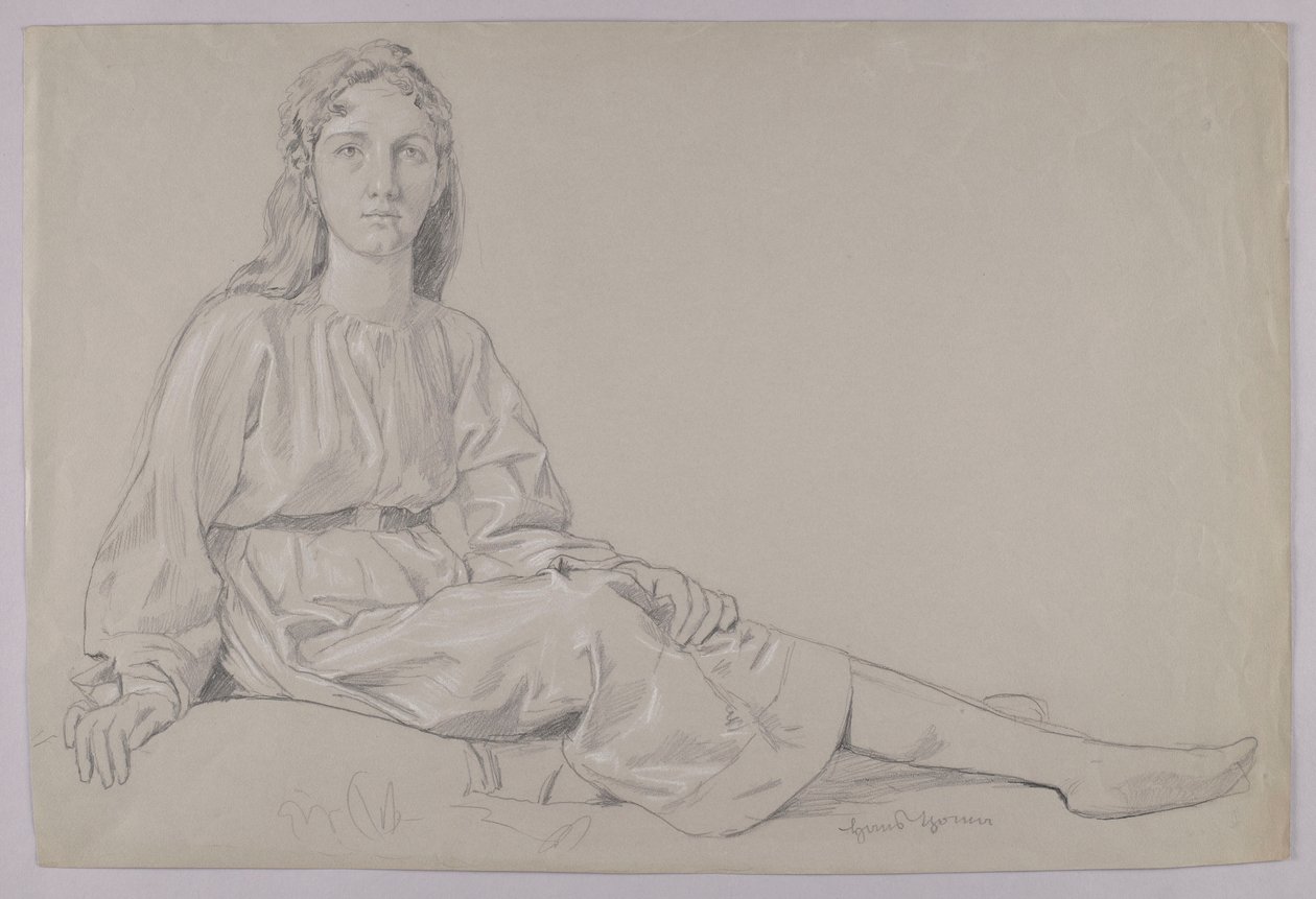Joven con túnica, sentada sobre la hierba de Hans Thoma