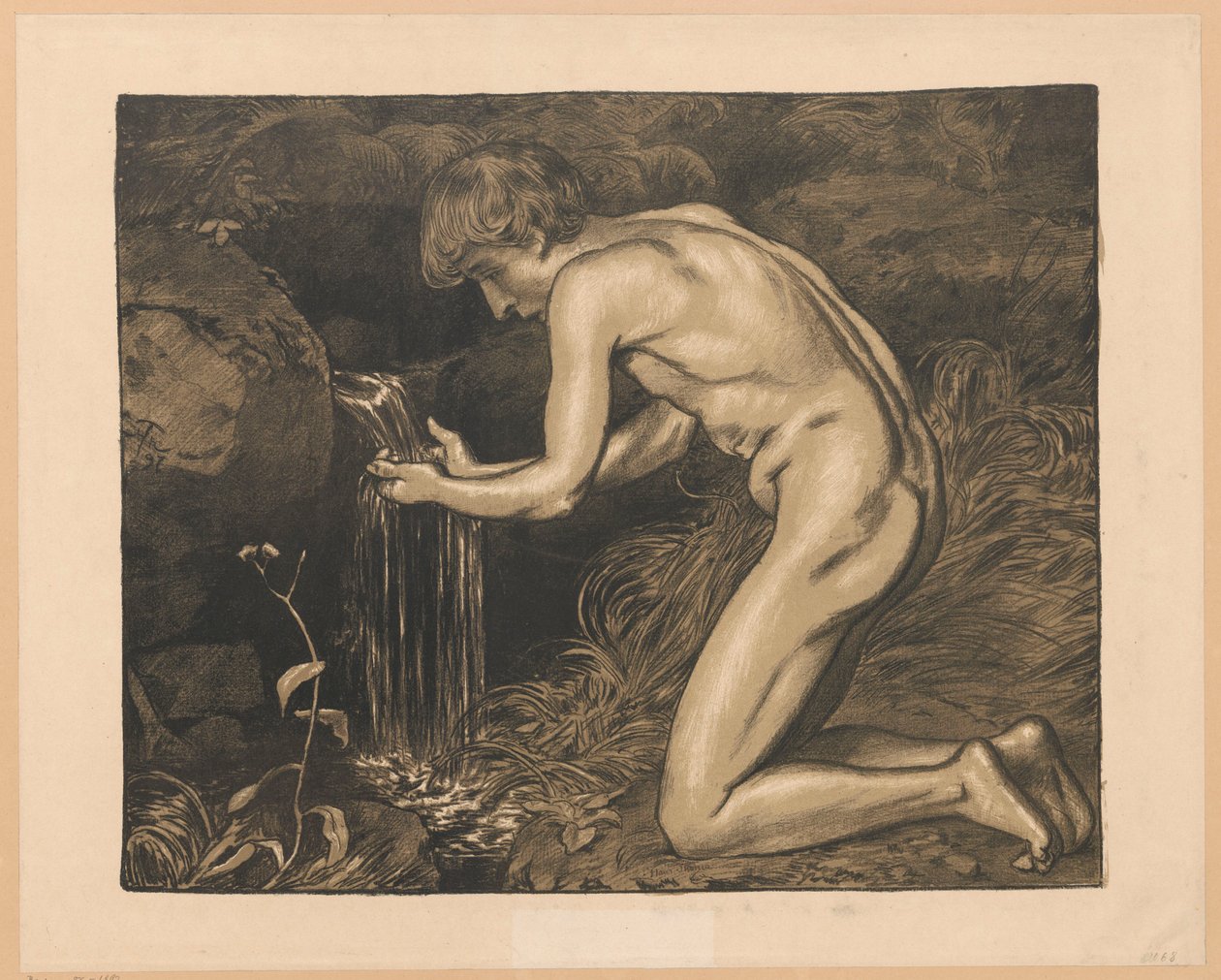 Joven sacando agua de una fuente, desnudo de Hans Thoma