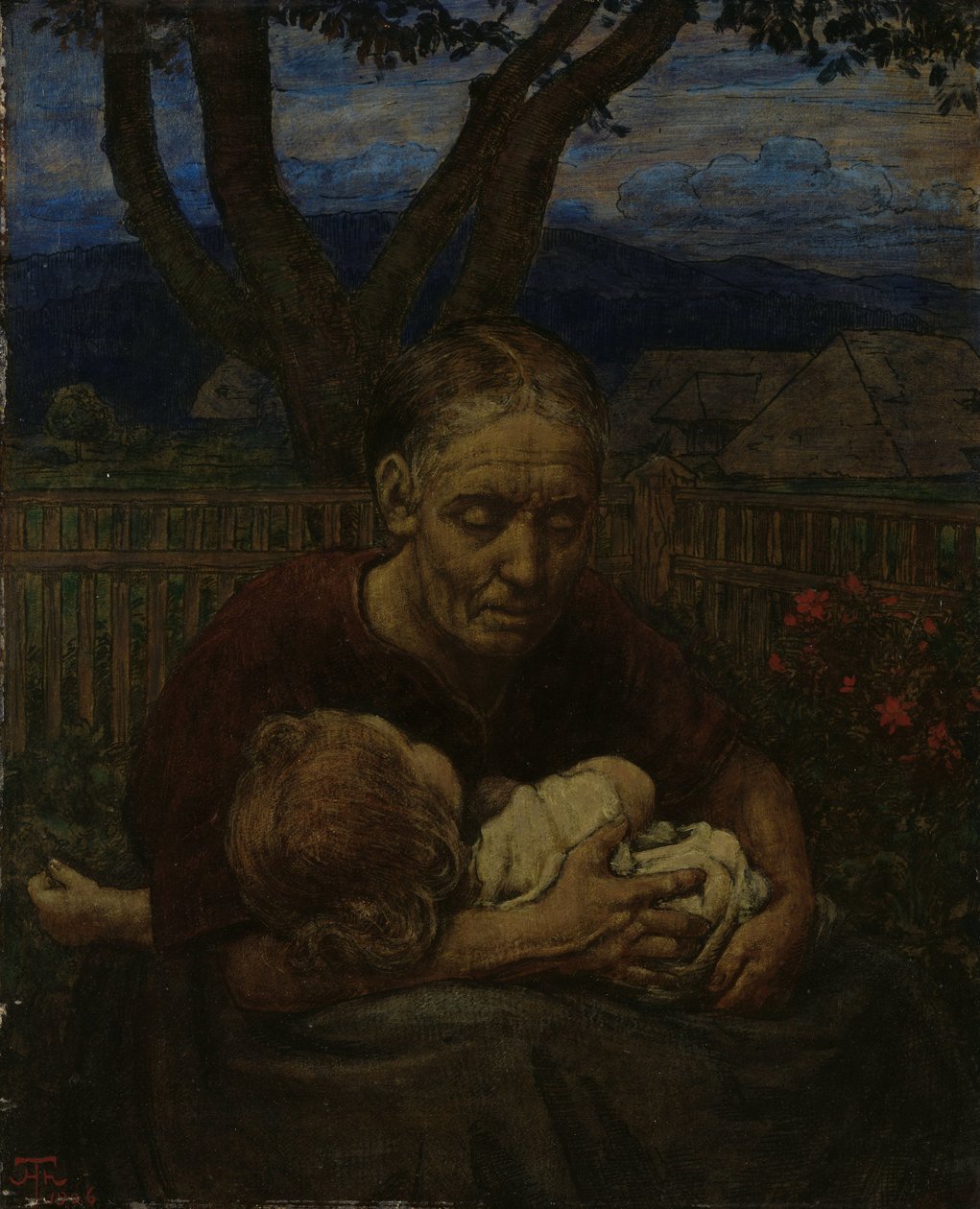 Madre e hijo en un jardín de Hans Thoma