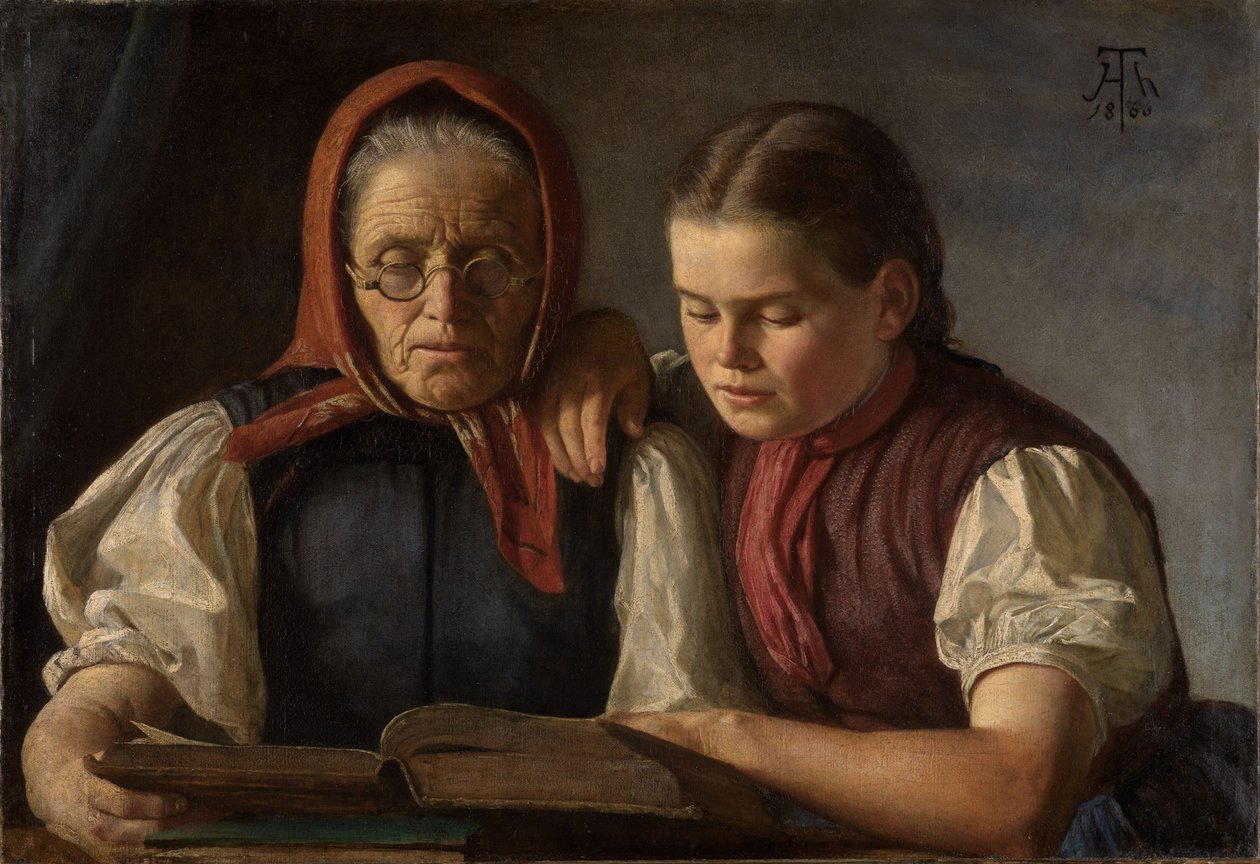 La madre y la hermana del artista leyendo la Biblia de Hans Thoma