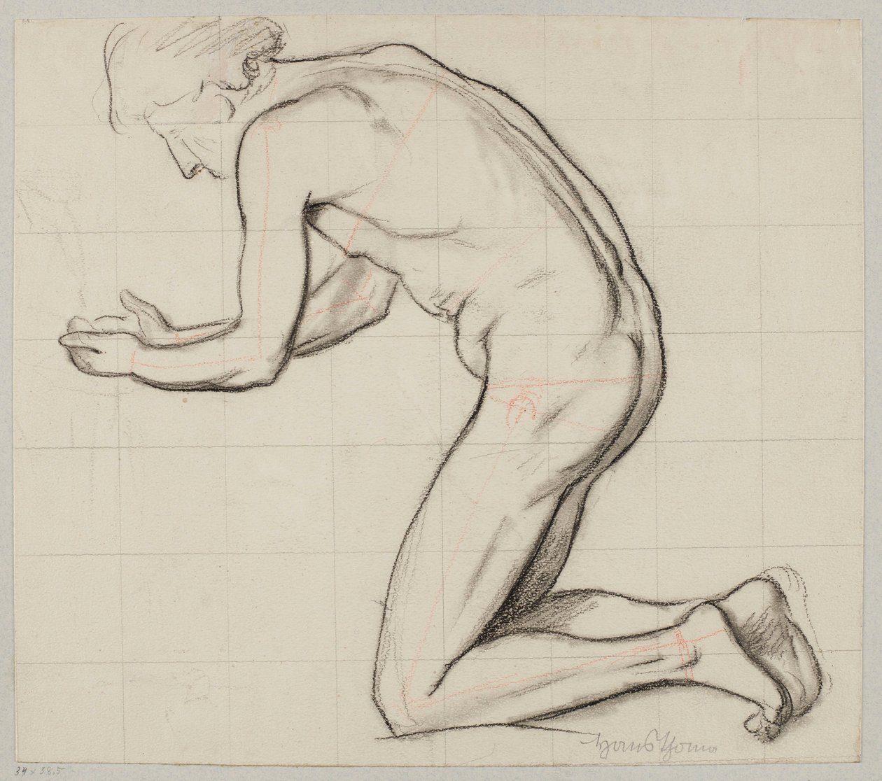 Joven desnudo arrodillado junto a una fuente que recoge agua en las manos de Hans Thoma