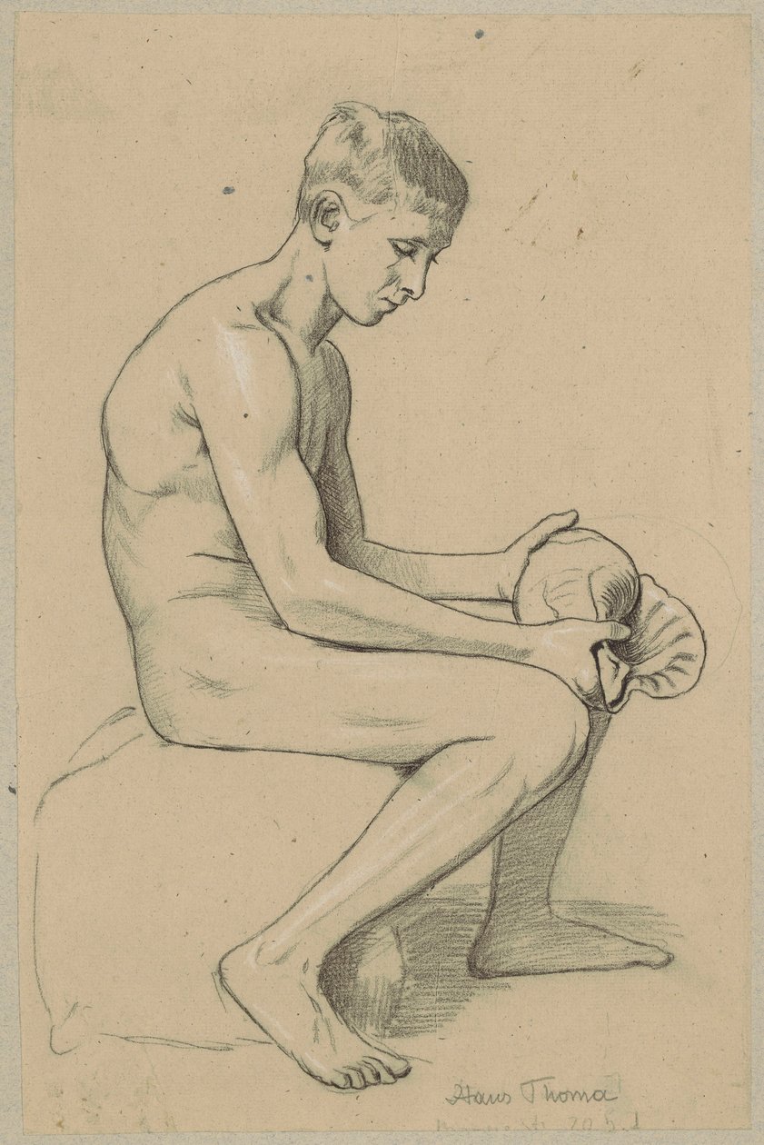 Joven desnudo con una concha sentado sobre una piedra de Hans Thoma