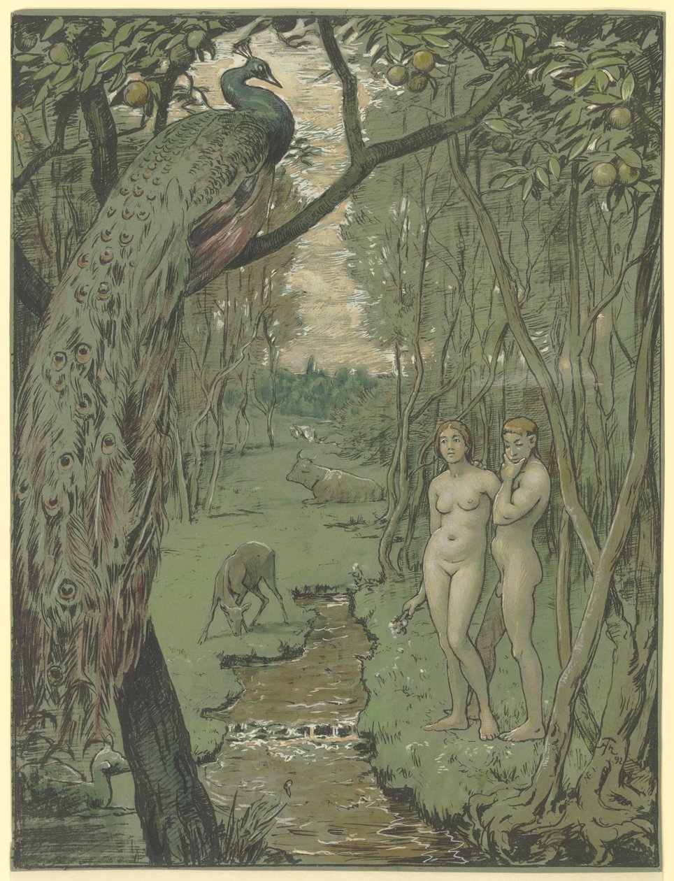 El paraíso con el pavo real de Hans Thoma