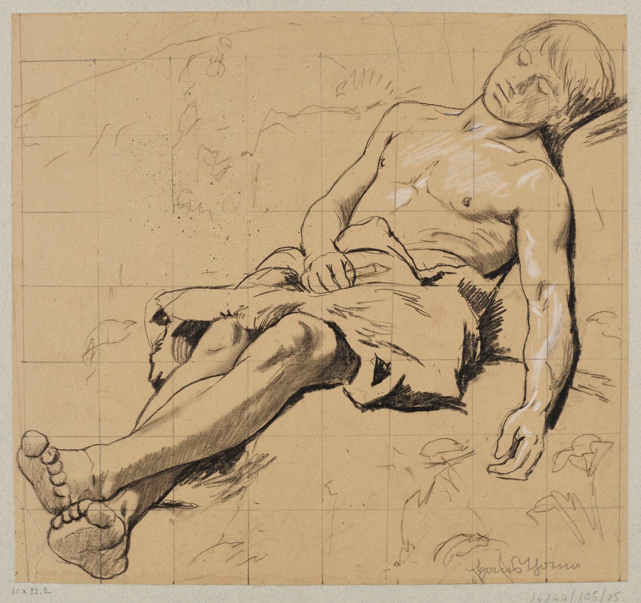 Pastor semidesnudo con taparrabos de cuero, dormido en un prado de Hans Thoma