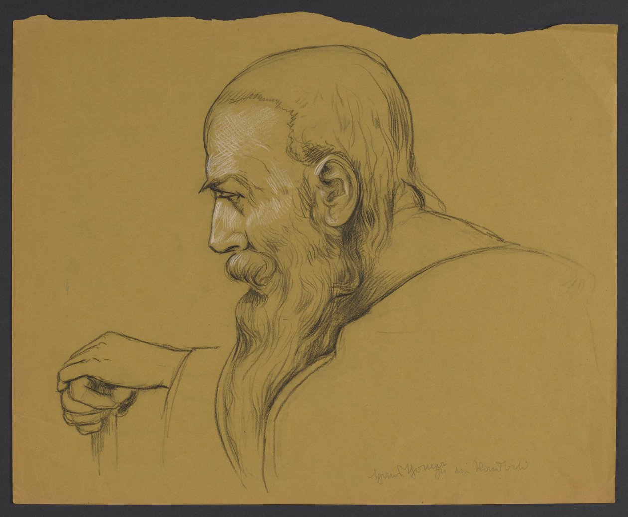 Busto de un anciano con una larga barba que se apoya con ambas manos en un bastón, representado de perfil de Hans Thoma