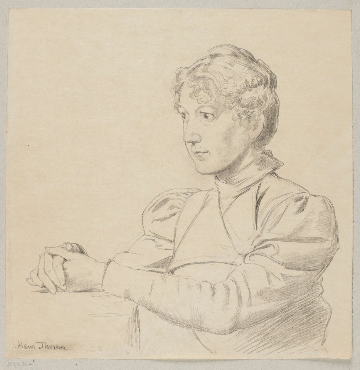 Retrato de una joven con las manos sobre la mesa, representada hasta la cintura de Hans Thoma